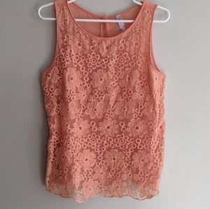 𝅺ALYA Coral Floral Lace Mock Neck High Low Sleeveless Blouse Medium